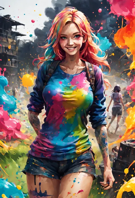 Ink splatter, (Girls with ink all over their bodies), casual clothes, (colorful ink), smile, In the survival game field