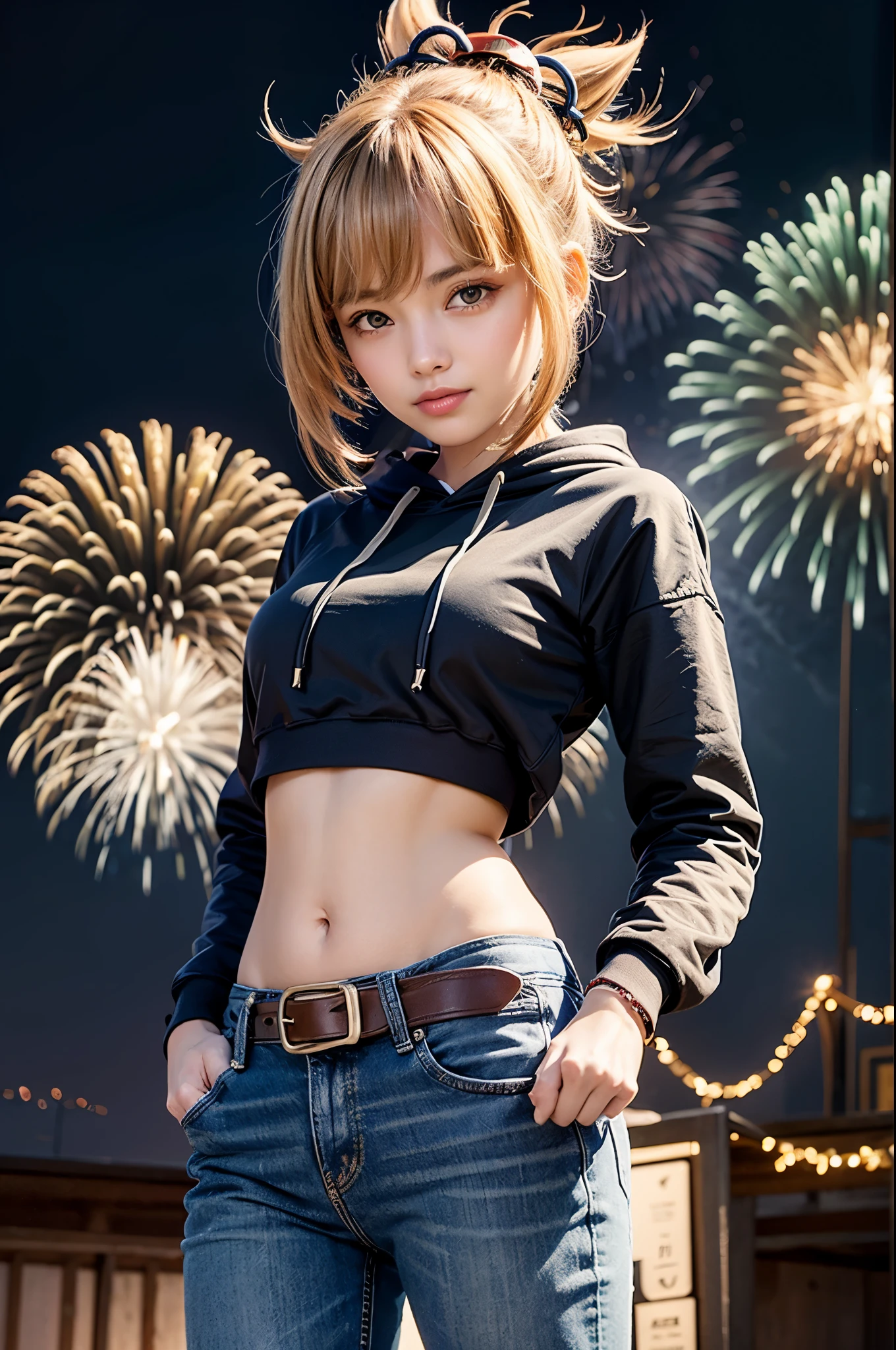 1girl, ((long sleeved hoodie)), jeans, iron belt, ((bare midriff, navel)), town, fireworks in night sky, standing, seductive smile, looking at viewer,