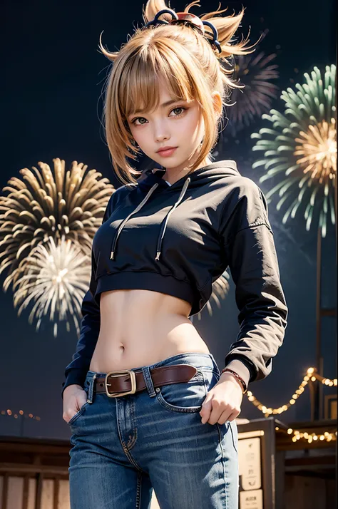 1girl, ((long sleeved hoodie)), jeans, iron belt, ((bare midriff, navel)), town, fireworks in night sky, standing, seductive smi...