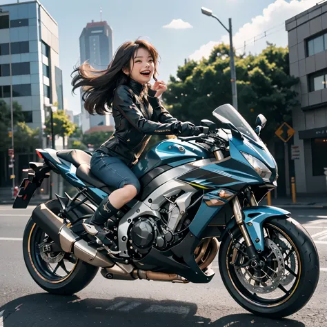 Imitate the above sentences to complete the following prompt words: 

A Kawasaki bike speeding through the city, with a sense of speed enhanced by its (motion blur: 1.3) and (speed lines: 1.4). The (best quality, 8K, highres) portrait of a young girl with ...