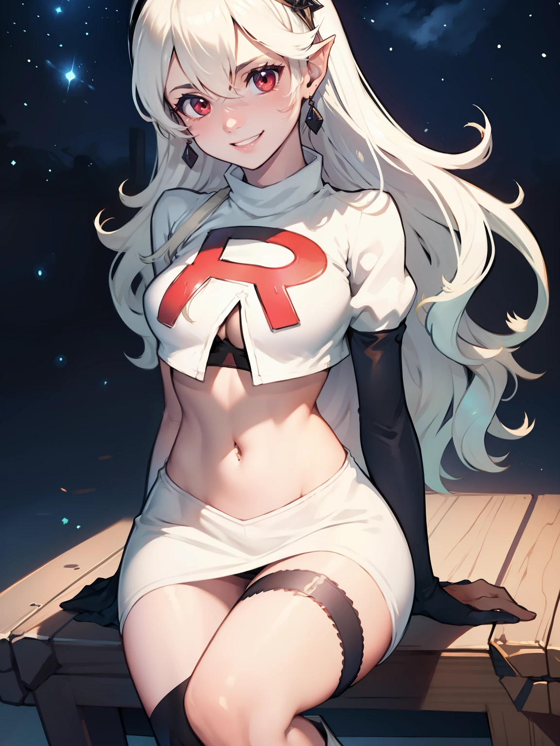 
defCorrin, black hairband ,earrings, glossy lips ,team rocket uniform, red letter R, white skirt,white crop top,black thigh-high boots, black elbow gloves, evil smile, sitting down ,legs crossed, night sky background