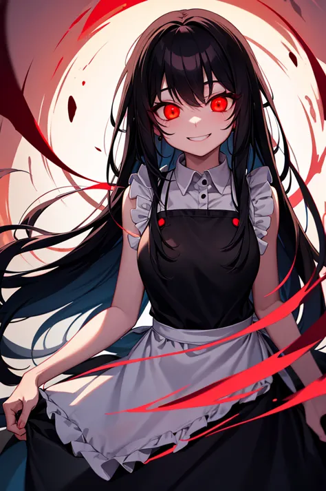 scary smile, apron, red glowing eyes, long black hair, regular clothes