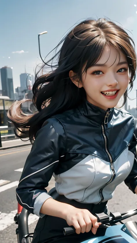 Imitate the above sentences to complete the following prompt words: 

A Kawasaki bike speeding through the city, with a sense of speed enhanced by its (motion blur: 1.3) and (speed lines: 1.4). The (best quality, 8K, highres) portrait of a young girl with ...