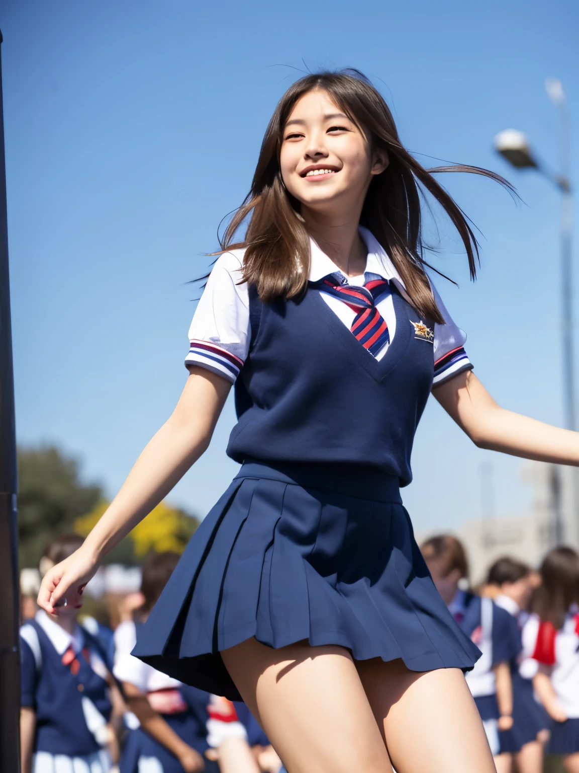 Arafed asian girl in a school uniform is dancing in a parade - SeaArt AI