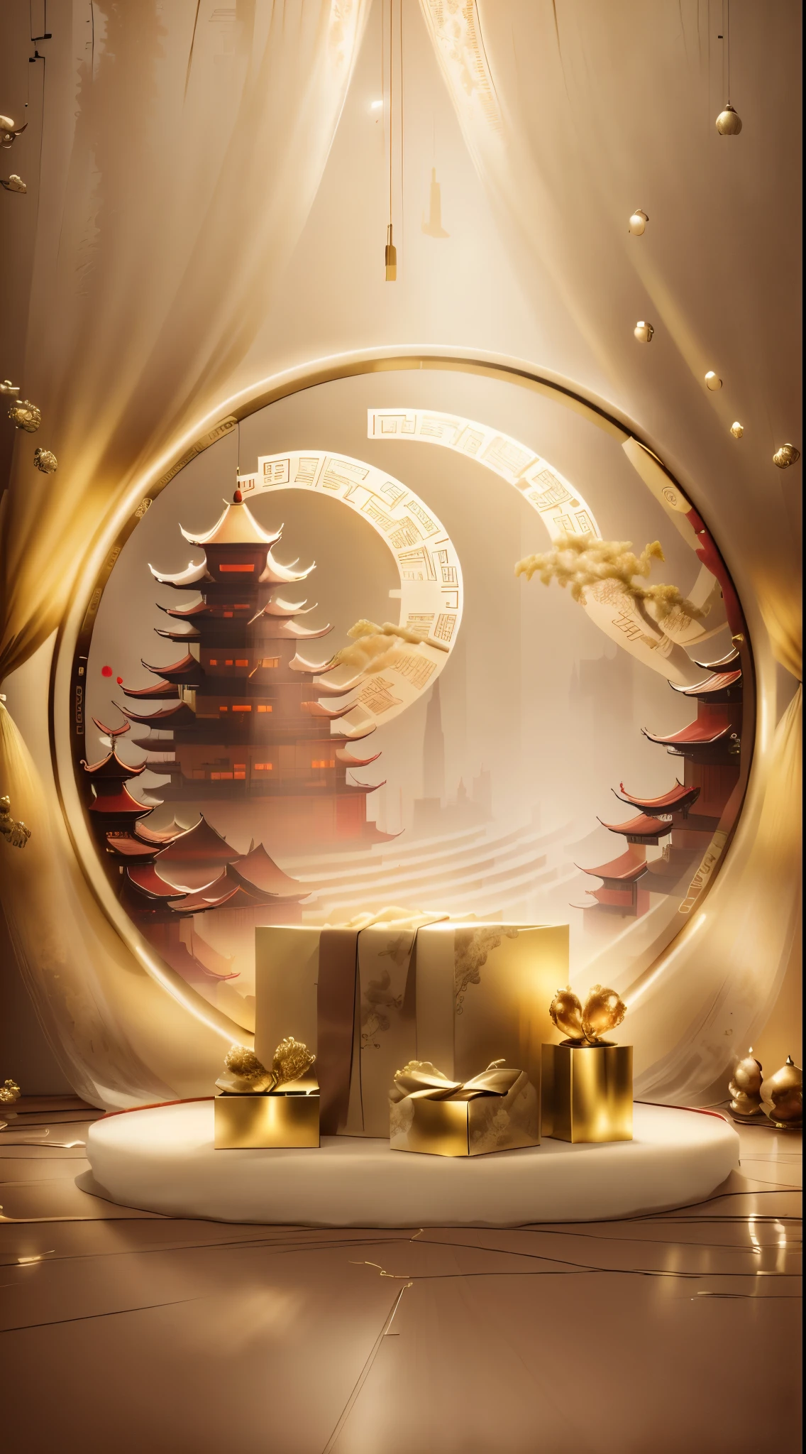 There is a white Chinese base，It has landscape reliefs and Chinese ornaments, The silk curtain opens in the middle to form a background, Gifts, Festive atmosphere, festivity, Gifts, Holiday, chinese decorations, gold, Relaxed. Chinese style background, Golden silk, cream - colored room, in style of 3d render, National style background,Chinese round pattern background，Ray traching，Cinematic lighting effects，Shining Effect