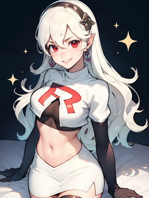 
defCorrin, black hairband ,earrings, glossy lips ,team rocket uniform, red letter R, white skirt,white crop top,black thigh-hig...