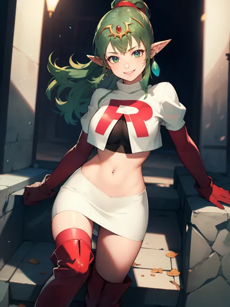 tiki fe, pointy ears ,earrings, glossy lips ,team rocket uniform, red letter r, white skirt,white crop top,black thigh-high boot...