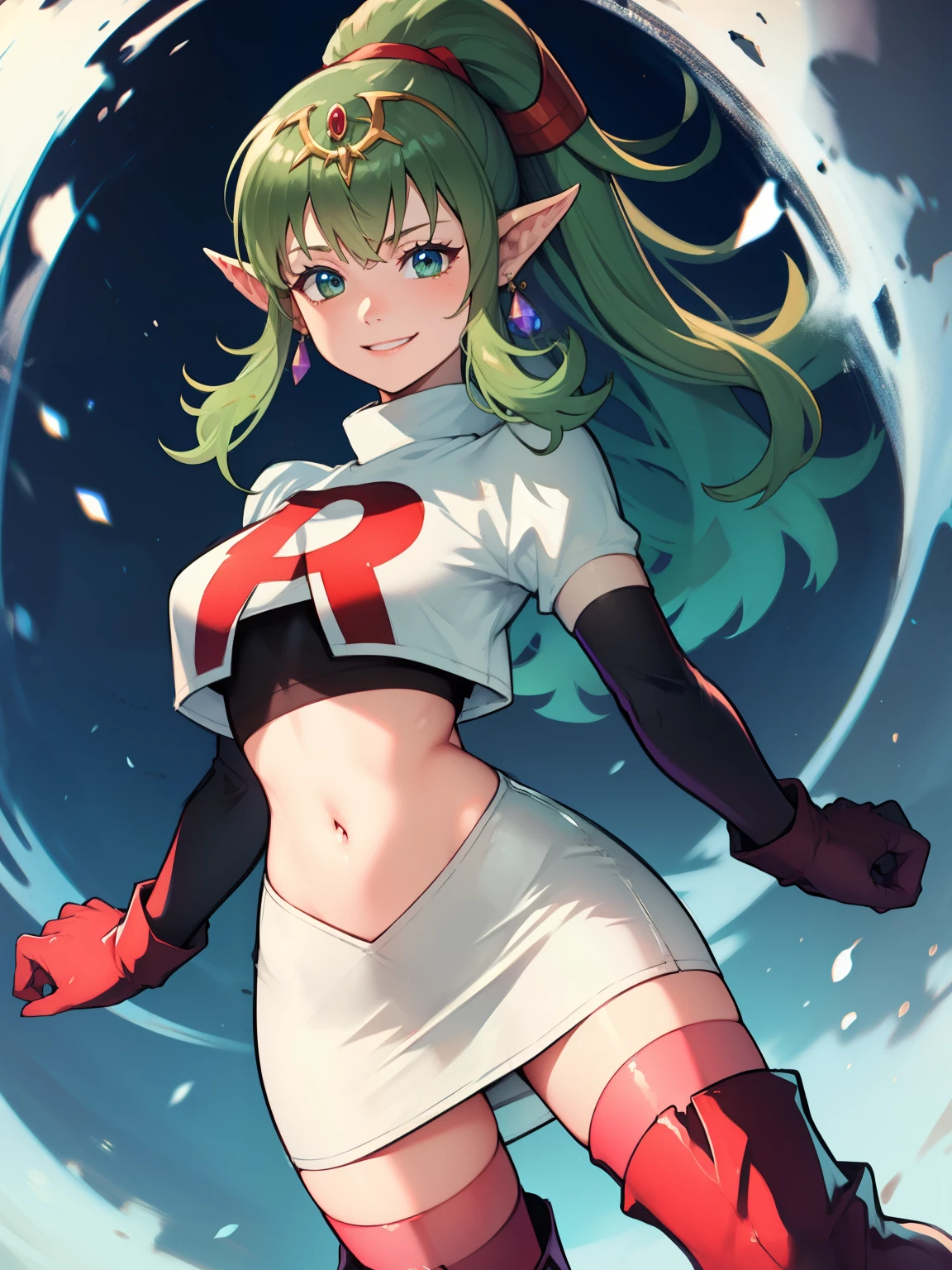 
tiki fe, pointy ears ,earrings, glossy lips ,team rocket uniform, red letter R, white skirt,white crop top,black thigh-high boots, black elbow gloves, evil smile, 