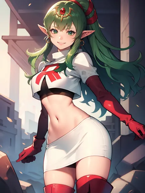 tiki fe, pointy ears ,earrings, glossy lips ,team rocket uniform, red letter r, white skirt,white crop top,black thigh-high boot...