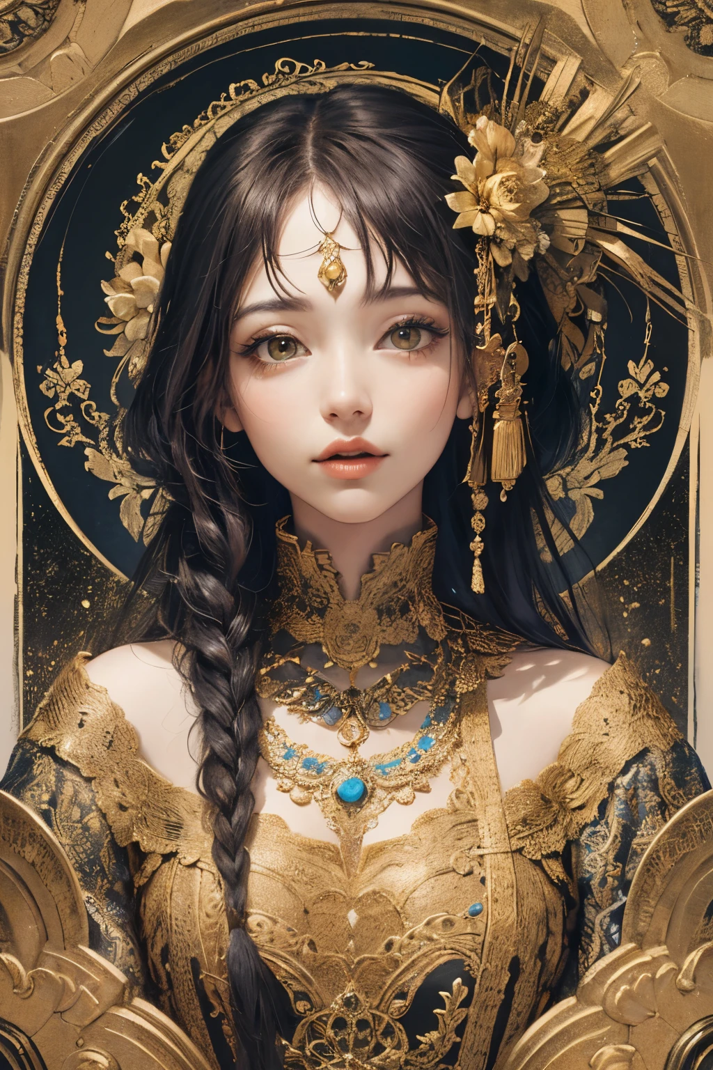 (masterpiece, highest quality, highest quality, official art, beautiful and aesthetic:1.2), (1 girl), very detailed,colorful,most detailed, official art, unity 8k wallpaper, Super detailed, beautiful and aesthetic, beautiful, masterpiece, highest quality, (zentangle, mandala, tangle, entangle) ,holy light,gold foil,gold leaf art,Glitter painting, Perfect Nwsj Magic