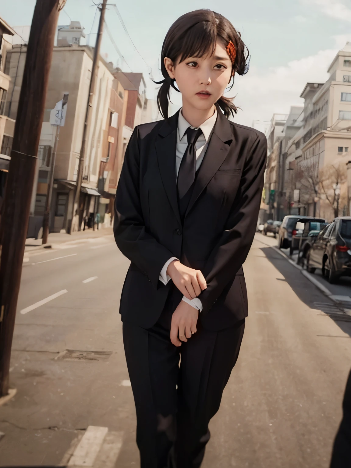 1 girl, kobeni higashiyama, black hair, hair ornament, hairclip, mole, mole under eye, ponytail, short hair, (brown eyes:1.5), black necktie, black pants, business suit, formal, long sleeves, necktie, pants, suit, standing,  realistic, ultra detail, 70mm lens