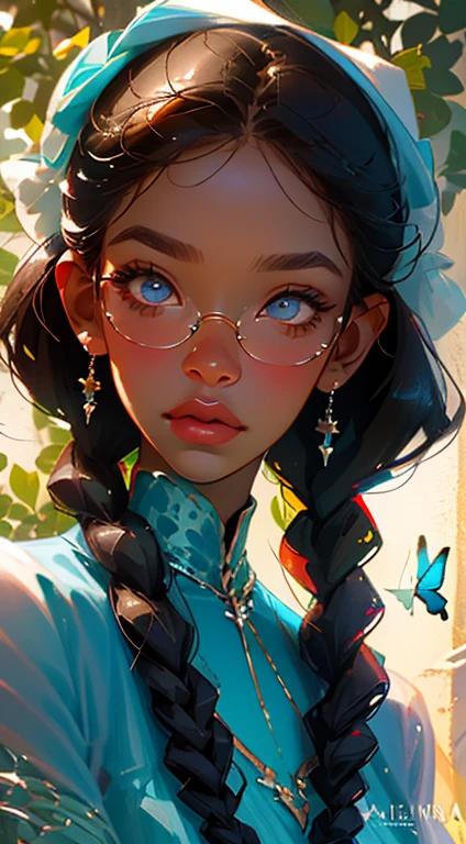 beautiful young woman, 2 long braids, thick bangs, dark hair, a lot of make-up, detailed eyes, detailed hair, detailed face, wearing round glasses, dark skin, portrait. face shot, long head, big nose, big lips, ebony skin, mischievous, blue eyes, wearing a cute blue tea party dress and a cute bonnet with blue roses, full body view, slim girl, 16 years old, background is a botanical garden full of flowers, herbs, plants and butterflies, (natural skin textures、Hyper-Realism、Soft light、sharp)