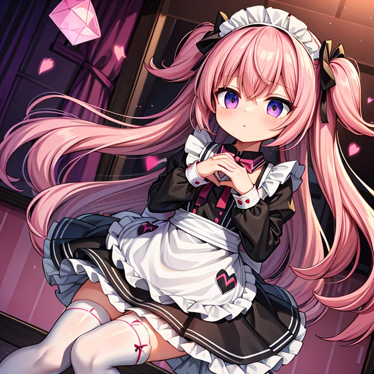 1 girl, apron, bow, cube hair ornaments, dress, frills, dark (Performance), hair ornaments, heart, heart hands, long hair, look away, maid, maid apron, maid headdress, mary janes, one side up, pink hair, face with shadow, shoes, short dress, alone, drops of sweat, Thighhighs, white Thighhighs, zettai ryouiki, 