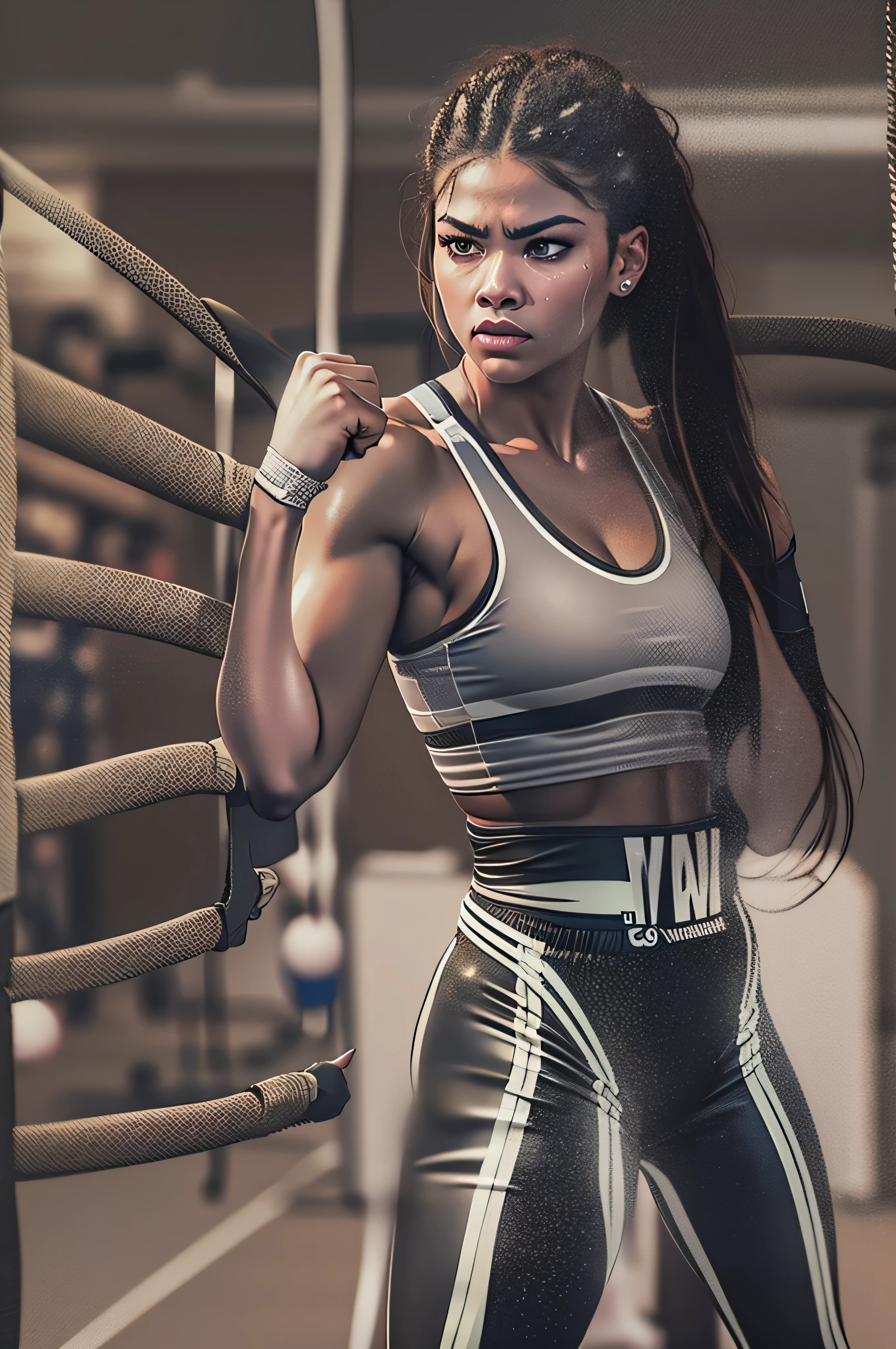Zendaya Coleman,boxing gym,punching bag,sports bra,boxing shorts - SeaArt AI