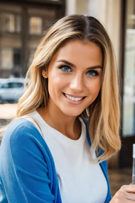 Beautiful blonde with very blue eyes wearing modern outfit, who is wearing a white sweater (drinking coffee in a cafe), Sehr detailiert, 23Jahre alt, big luscious natural breasts, Innocent smiling face, Natural wavy blonde hair hair, blaue Augen, high reso...