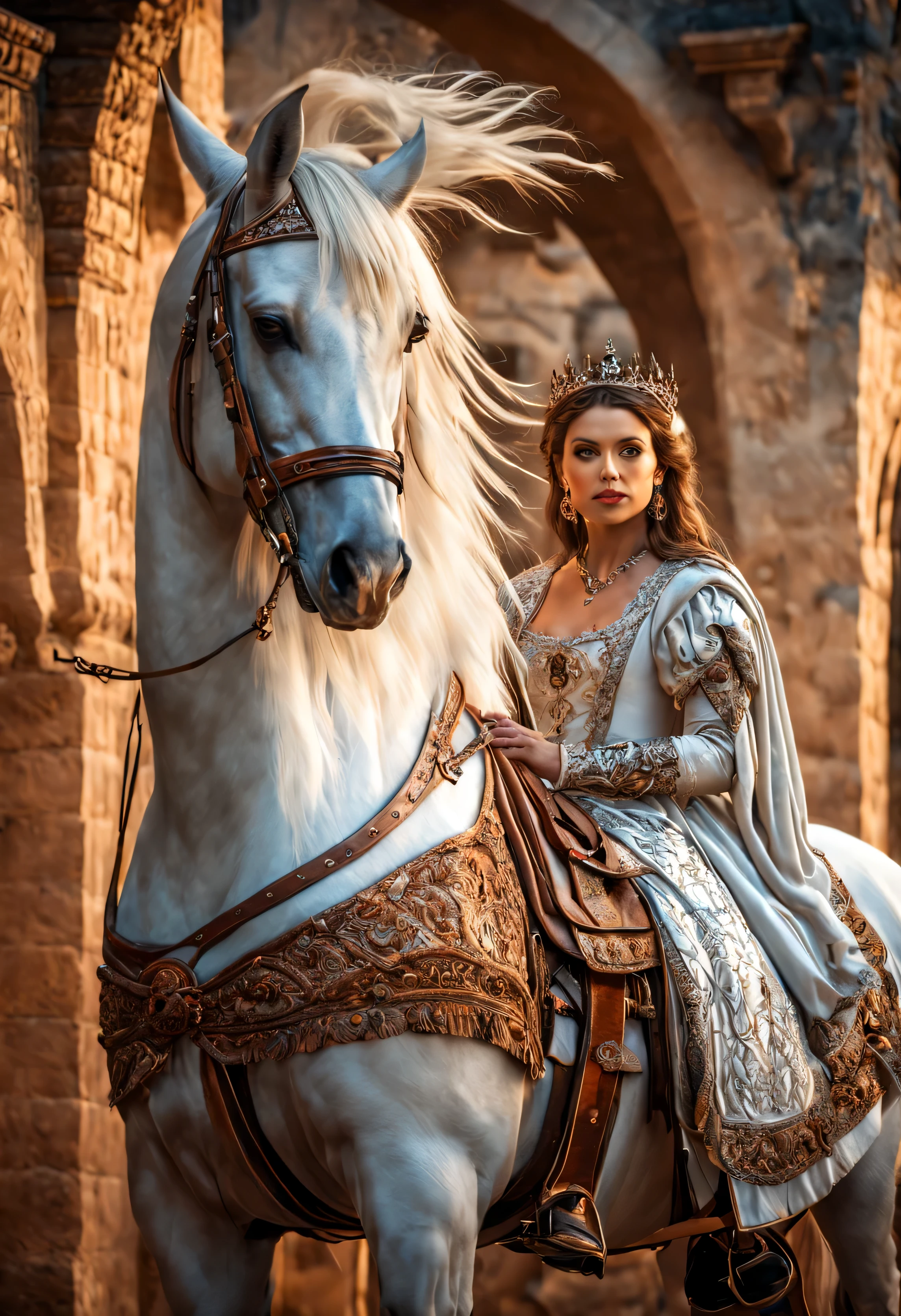 An incredibly detailed Pure Blood Lusitano horse with white tack and a female in front of a dramatic ambience, who dressed in all luxurious 1500s embroidered quilted clothing and very simple silver crown, in the style of photo bashing, Magali Villeneuve, depicts real life, split toning, made of all of the above, bajon, layered portraits, intense, vibrant, classic, all bright white with silver highlights and light blue lowlights — s 250, sharp focus, post – processing, perfect composition, global illumination, Canon EF 16 – 35mm f/ 2. 8L III USM Lens on a Canon EOS 5D Mark IV camera, Cinematic natural lighting, no blur, sharp focus, photorealistic, Ultimate Luxury, romantic mood, expressions, 4k, 8k, 16k, full ultra hd, high resolution --ar 3:2 --v 5 --up-beta --Screen Space Reflections --Diffraction Grading --Chromatic Aberration --GB Displacement --Scan Lines --Ambient Occlusion --Anti-Aliasing FKAA --TXAA --RTX --SSAO --OpenGL-Shader’s --Post Processing --Post-Production --Cell Shading --Tone Mapping --CGI --VFX --SFX --insanely detailed and intricate --hyper maximalist --elegant --dynamic pose --photography --volumetric --ultra-detailed --intricate details --super detailed --ambient –uplight