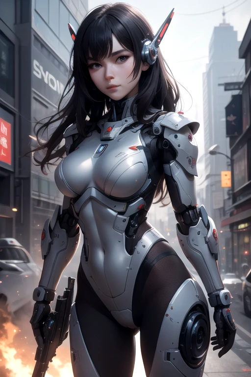 Araffe Frau in einem futuristischen Anzug mit einer Pistole in der Hand, Mädchen in Mecha-Cyber-Rüstung, mechanisiertes Soldatenmädchen, cgsociety und fenghua zhong, perfektes Android-Mädchen, süßes Cyborg-Mädchen, cyberpunk anime girl mech, weiblicher Mecha, schönes Cyborg-Mädchen, cyborg girl, Wojtek FUS, Porträt gepanzertes Astronautenmädchen, mechanisiertes Walkürenmädchen