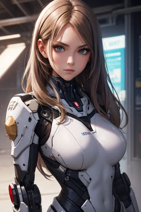 araffe woman in a futuristic suit with a gun in her hand, girl in mecha cyber armor, mechanized soldier girl, cgsociety and feng...