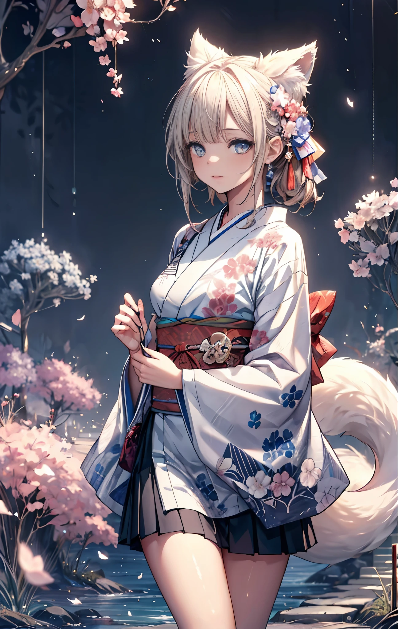 {{masterpiece}}，best quality，Highly detailed CG Unity 8K wallpaper，One woman，movie lighting，lens flare glow,
perfect style, perfect body, clear beautiful eyes, long eyelashes, A path lined with flourishing cherry blossom trees, Lots of cherry blossoms, beautiful sight, petals dance, Fox girl in kimono, mini skirt, 