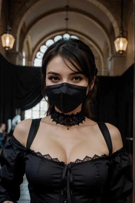 A beautiful gothic woman is wearing a face mask