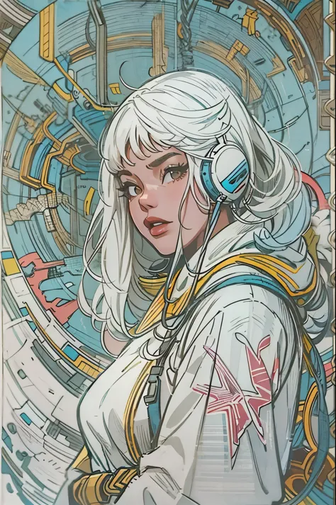 1monk warrior girl with white techwear clothes, white long hair, laces, abstract vintage scifi background, art by moebius, art b...