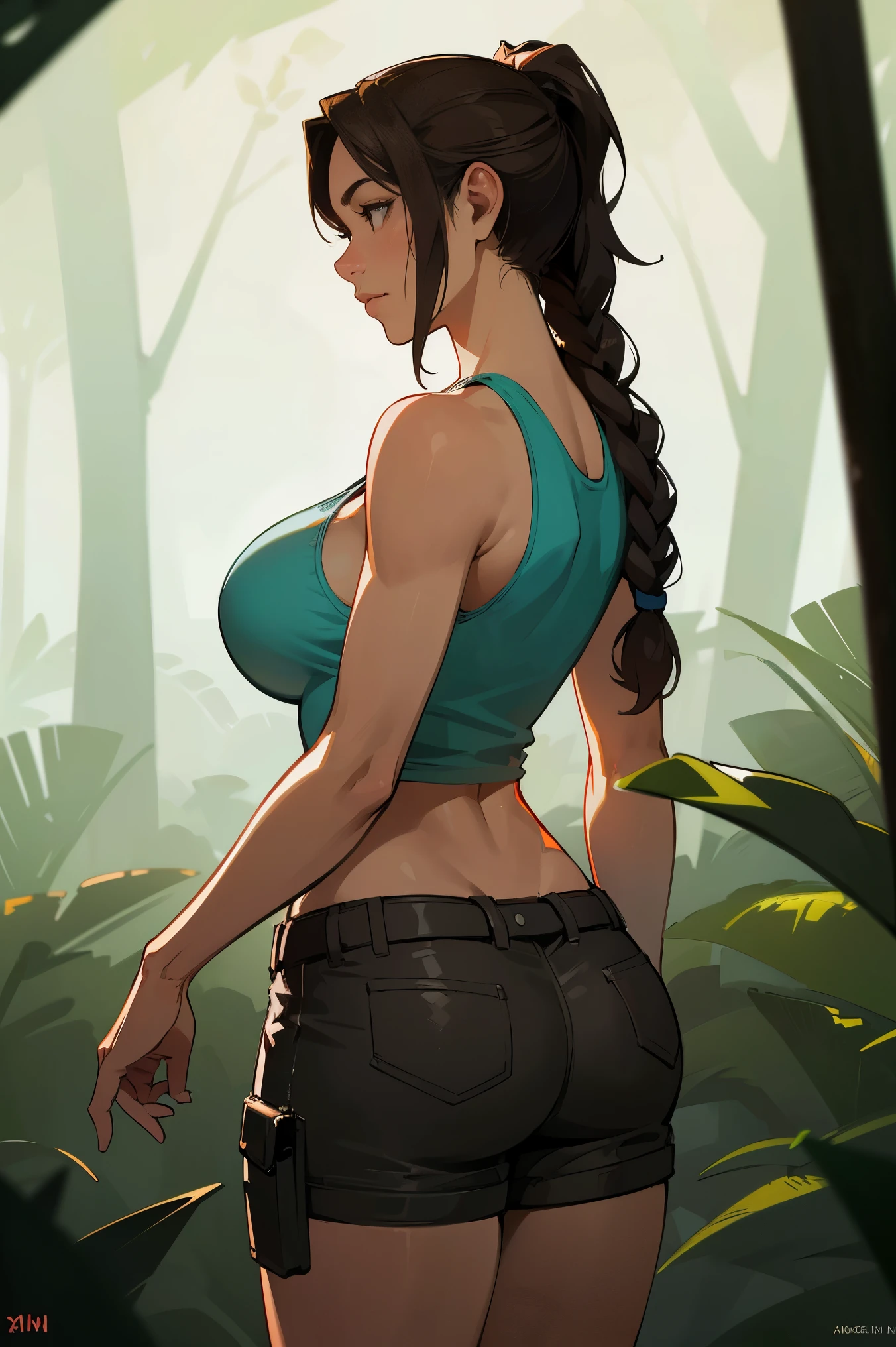 (sexy, eye-catching, seductive) tomb raider, (detailed, beautiful) sky blue tank top, (practical, stylish) cargo shorts, single braid  ponytail (adventurous, determined) expression on her face, (long, flowing) brown hair, (fit, athletic) physique, (confident, powerful) posture, (visually stunning, vibrant) jungle background, (sunlight streaming through the trees, casting dramatic shadows), (crumbling ancient ruins in the distance), (mystical, hidden) artifacts, (exotic, dangerous) wildlife, (authentic, photorealistic) art style, (vivid, saturated) colors, (dynamic, dramatic) lighting, (best quality, high-res) image, (ultra-detailed, sharp focus) on the character, (professionally rendered, realistic) textures, (bokeh) effect for depth of field, no tattoos, huge breasts, light blue colored tank top, ripped tank top, rear view, show butt, short shorts