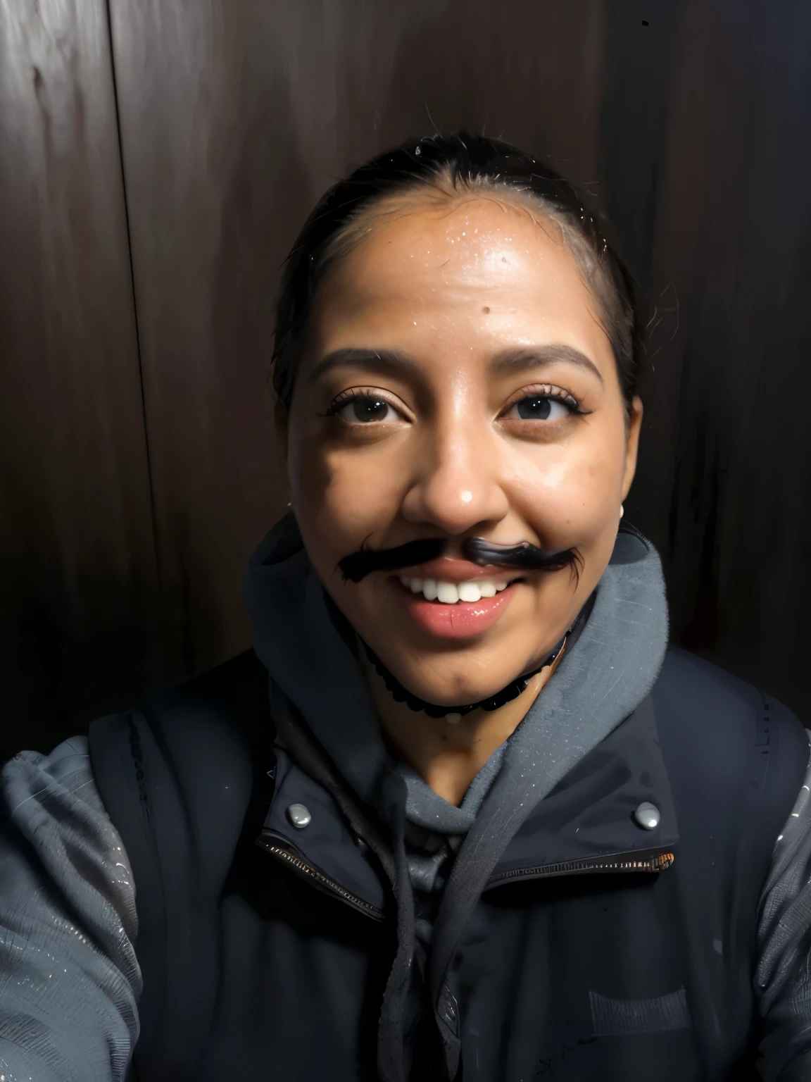 Smiling woman with a fake moustache on her face - SeaArt AI