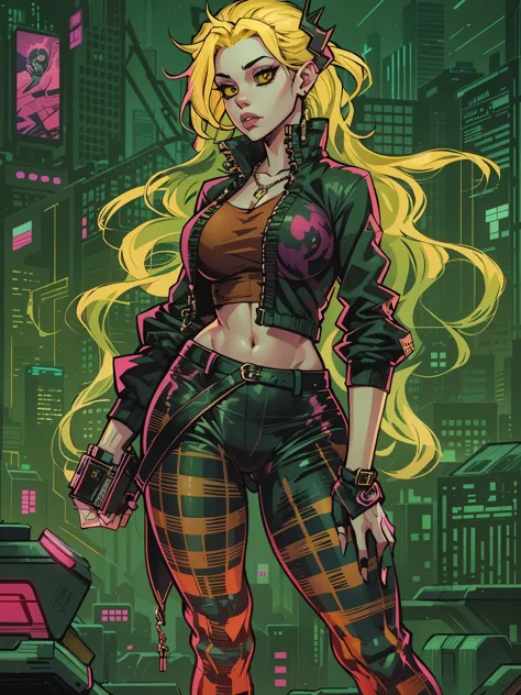 a woman with yellow hair wearing a black top and plaid pants, cyberpunk art, gothic art, aesthetic cute with flutter, toon aesth...