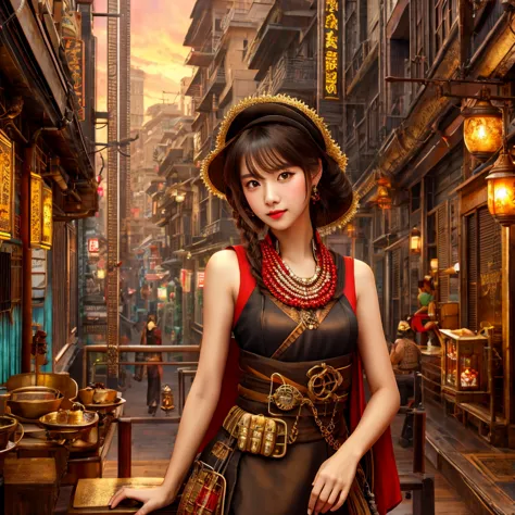 (highest quality), girl,detailed background of the orient, oriental cityscape, steampunk, miko