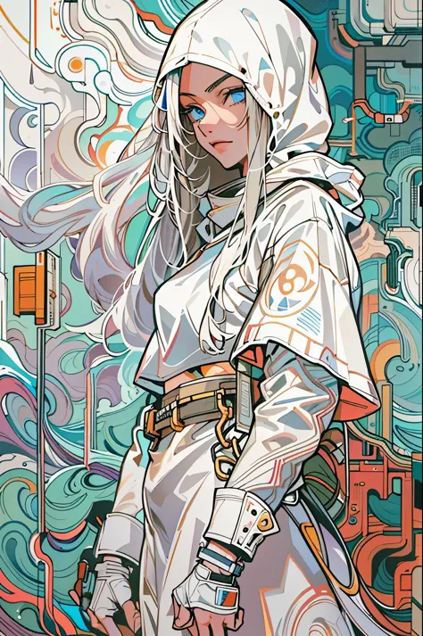 1monk warrior girl with white techwear clothes, white long hair, laces, abstract vintage scifi background, art by Moebius, art b...