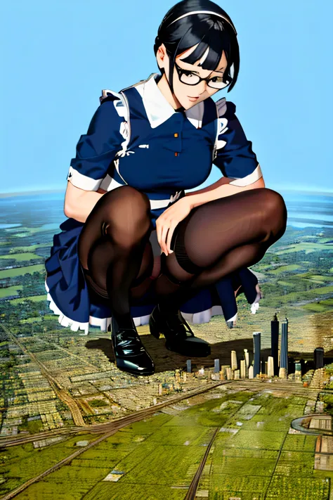 Giantの芸術, 非常に詳細なGiantショット, Giant, short hair, A maid that is much bigger than a skyscraper, wearing rimless glasses, big breasts, big ass, navy maid uniform, black pantyhose, black shoes, very small metropolis, miniature metropolis, squatting and urinating...