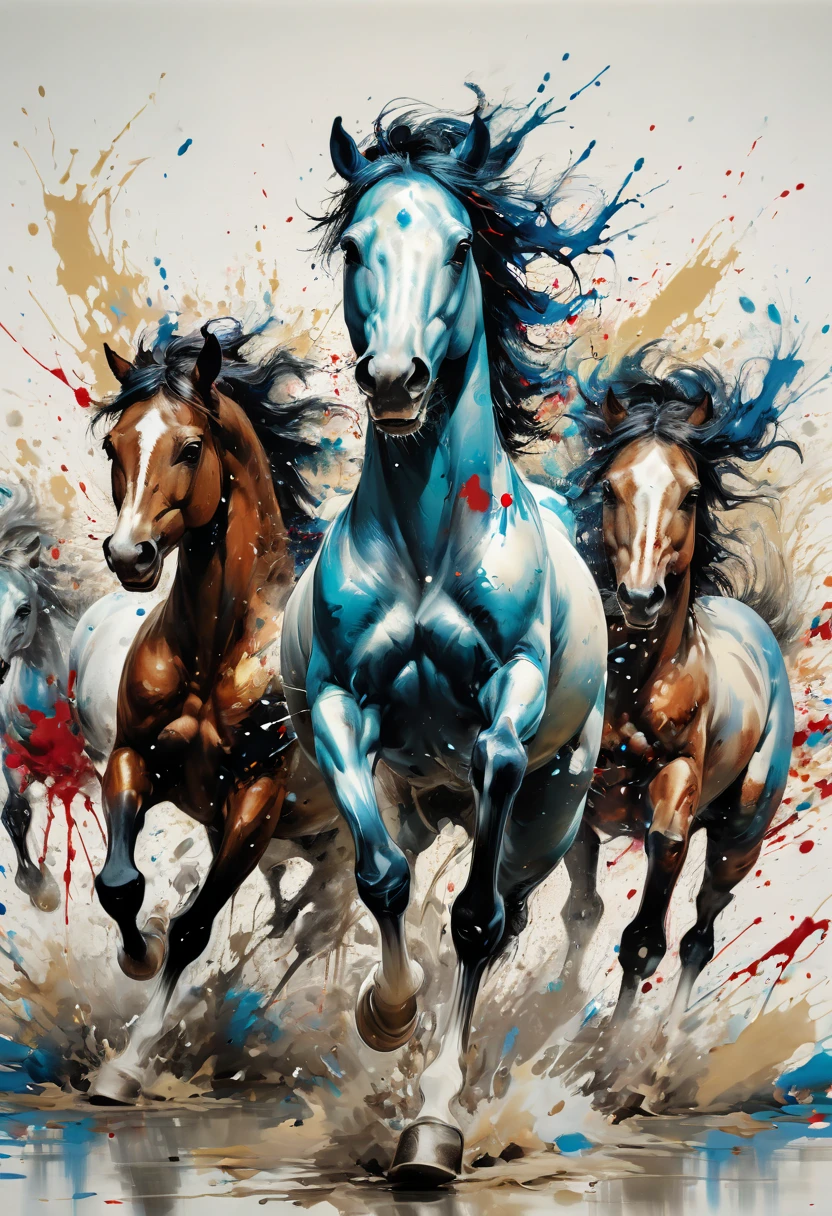 ink splash, paint splatter, Running horses, by Qi Baishi, intricate, (best quality, masterpiece, Representative work, official art, Professional, 8k)