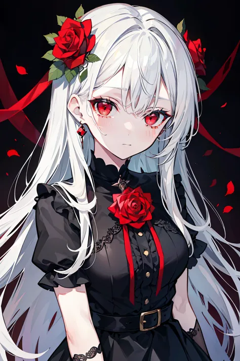 (best quality, masterpiece), (1girl, solo, black dress, standing , looking at viewer, white hair, red eyes, holding rose, closed...