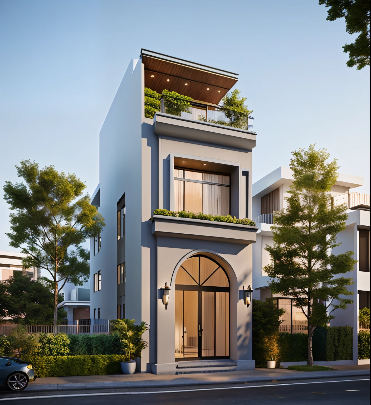 A rendering of a modern house with a balcony and a balcony - SeaArt AI