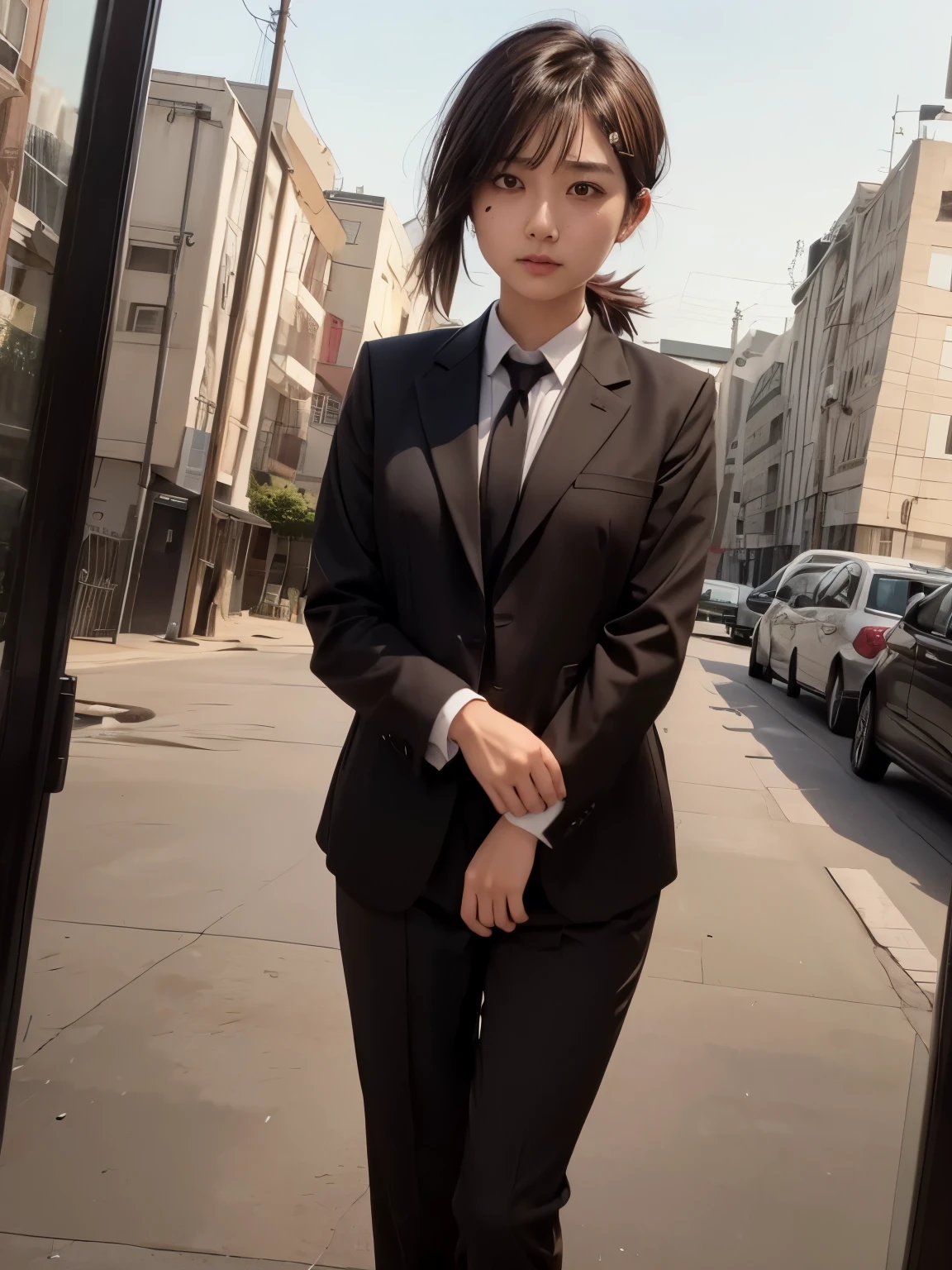 1 girl, kobeni higashiyama, black hair, hair ornament, hairclip, mole, mole under eye, ponytail, short hair, (brown eyes:1.5), black necktie, black pants, business suit, formal, long sleeves, necktie, pants, suit, standing,  realistic, ultra detail, 70mm lens