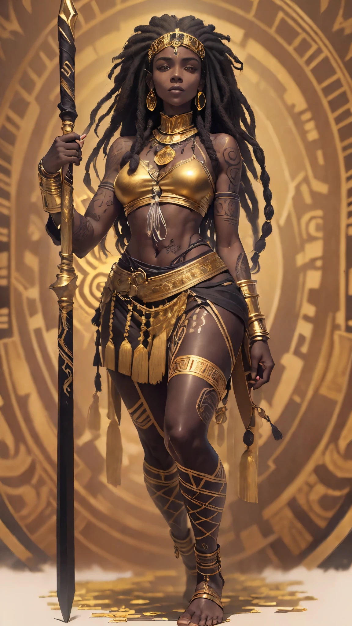(full body:2), Top quality, Intricate details , (Fine skin, Shiny skin, Shiny hair, Pale complexion), A ebony woman, ((standing holding a spear)), (happyness look:1.4), (wearing black and golden battle outfit:1.8), (long dreadlock hairstyle:1.3), (reflective eyes:1.3), (tribal tattoo:1.5), looking at the viewer, full length image, (From the feet to the top of the head:1.6).