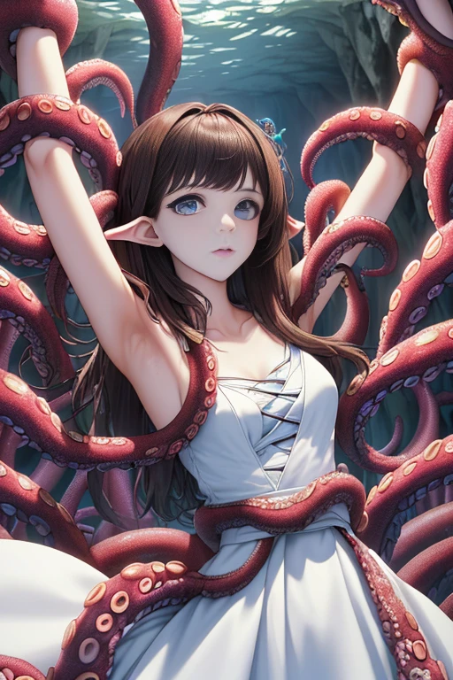 ((masterpiece)), ((best quality)), (ultra-detailed),(in the cave),(monster),(((many tentacles wrap arotnd the body))),a cute girl, 1girl, solo, (white girly dress),((many tentacles bound arms)), ((thin waist)),large breast, slim, slender,beautiful brown hair, beautiful blue eyes, (beautiful eyes), long hair,troubled expressio