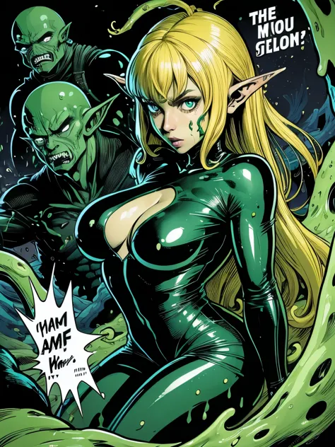 (((cOMIC STYLE))). Half immersed in monstrous slime, body of an adult scared blonde elf, woman in open black leather jumpsuit, Full growth in the frame. Slime monster tentacles cover the body. higly detailed.