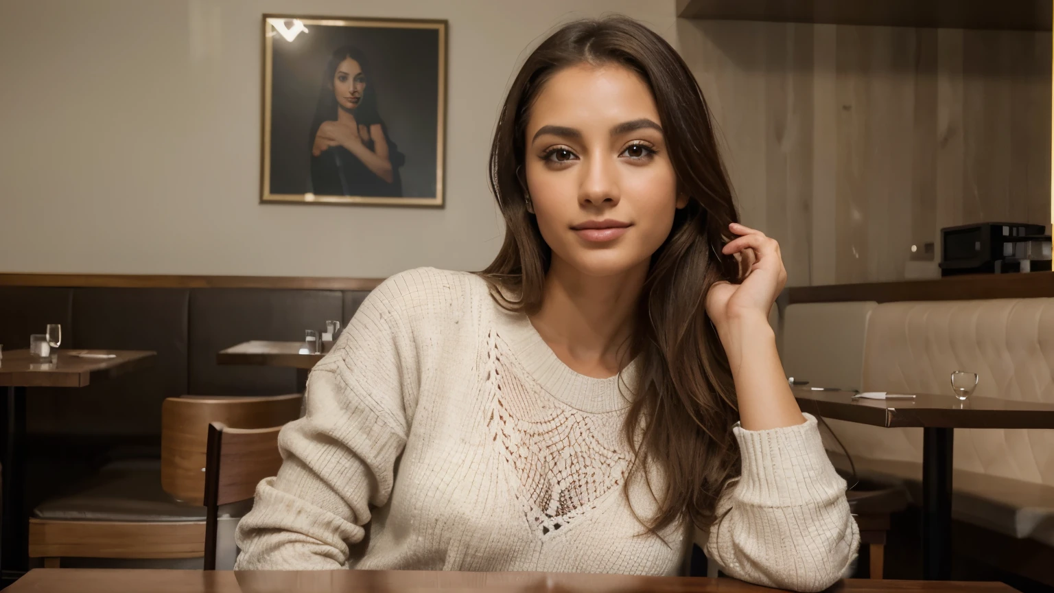 Arafed woman sitting at a table in a restaurant with a glass of wine -  SeaArt AI