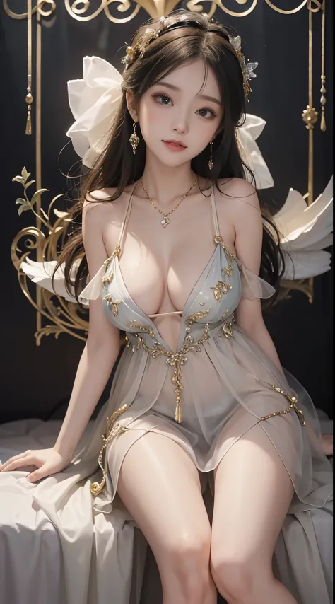 Sweet girl clothes10,korean dress,, ((leaning forward)), ((full body)), ((realistic)), 1girll, Random angles, random scenes, ((Sitting position, legs crossed)), Large breasts, posed for photo, Pleasing posture, Eye-catching poses, pretty legs, looking at v...