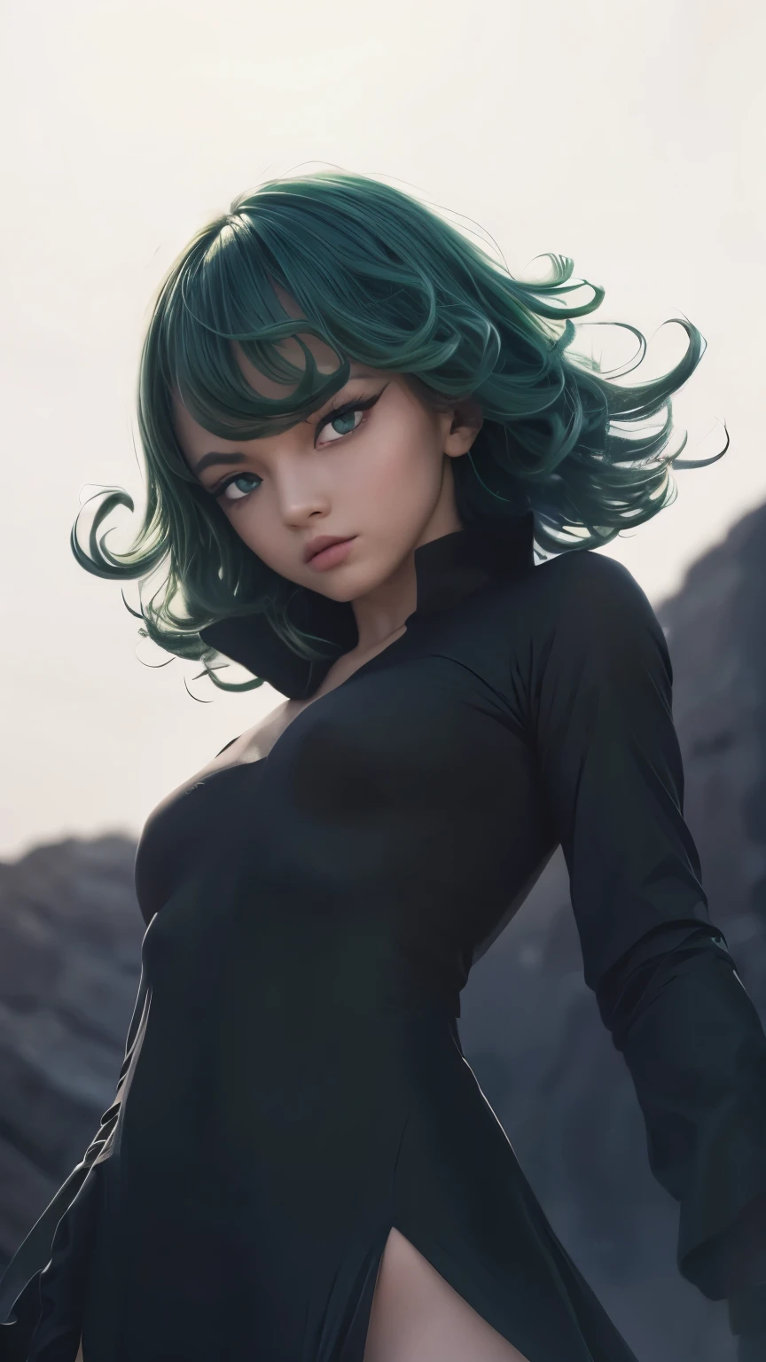 1 girl, tatsumaki, black dress, long sleeves, green hair, green eyesball, short hair, curly hair, realistic, ultradetail, 70mm lens,