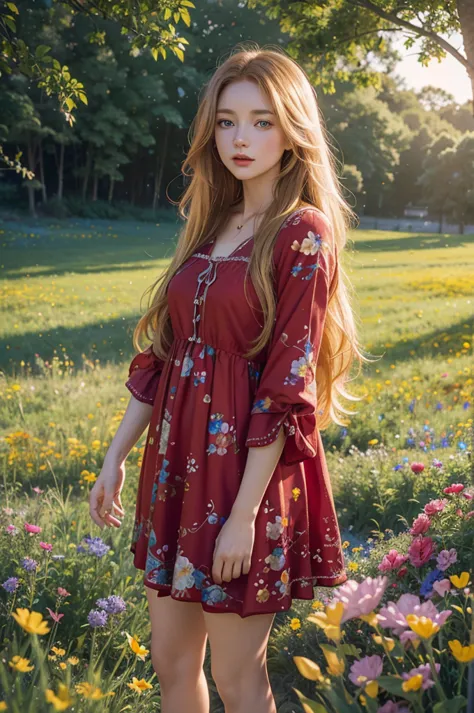 A young girl with long, flowing golden hair and bright blue eyes, wearing a vibrant red dress with floral patterns, standing in ...
