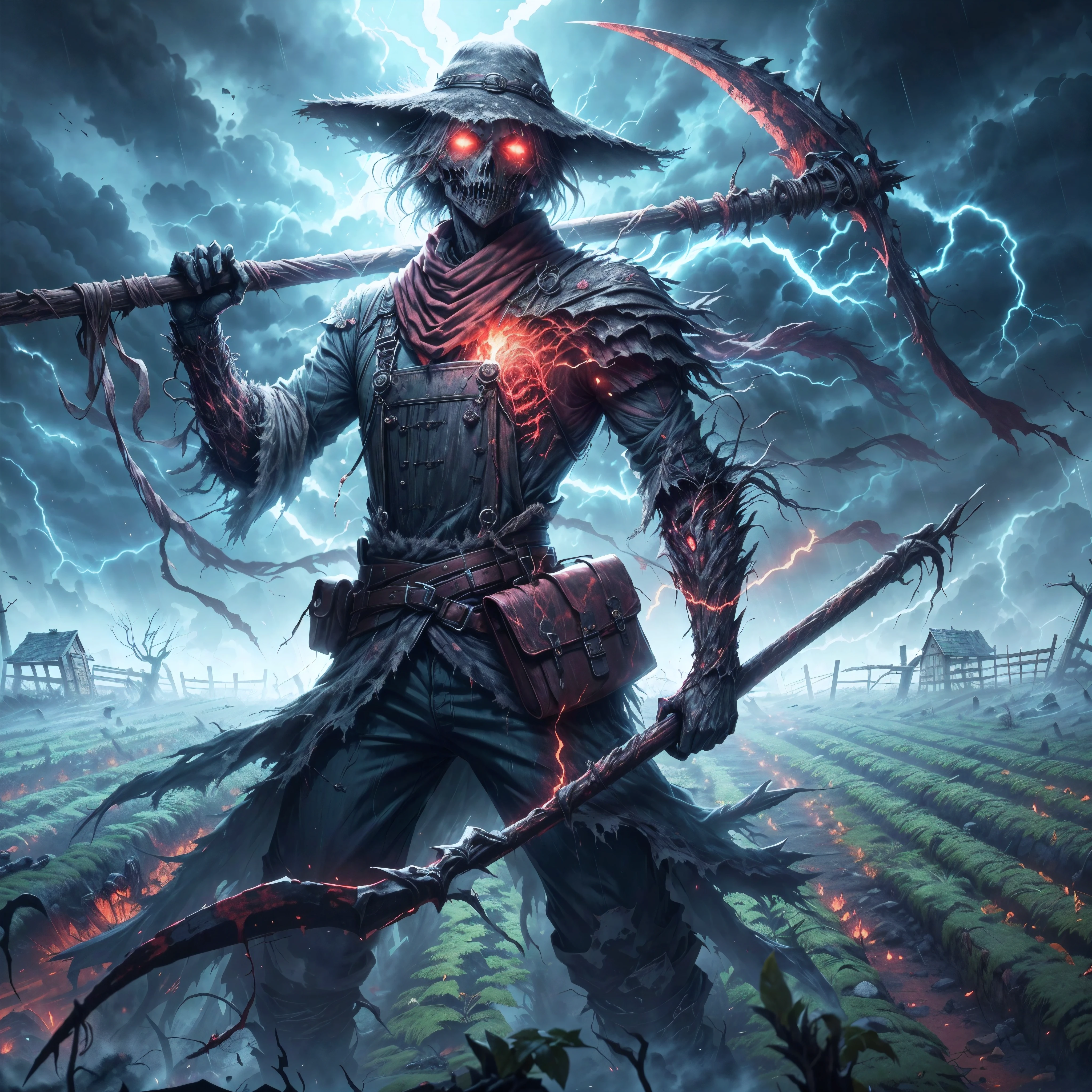 (best quality,4k,8k,highres,masterpiece:1.2),ultra-detailed,realistic:1.37,dark soul boss style,skull face,blood on weapon,blood drop,blood everywhere,Lovecraftian horror,haunted field background,scythe weapon,glowing red eyes,fantasy corrupted farmer outfit,energy cracking around body,battle aura,bloodstained,dynamic lighting,ominous atmosphere,grim and desolate,twisted trees,creepy fog,unsettling shadows,weathered scarecrows,distorted landscapes,haunting whispers,ominous sky,crumbling ruins,ominous storm brewing,lingering sense of darkness,ominous runes,shattered gravestones,mystery and suspense,brutal and intense,dread and fear,gothic elements,oppressive silence,menacing presence,horror-filled ambiance,dark and tormented souls,sinister energy,evoking a sense of doom,nightmare-infused reality