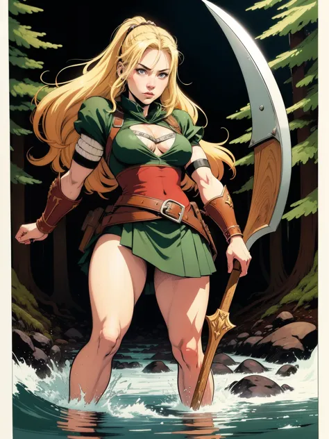 (((COMIC STYLE, CARTOON ART))). Half immersed in RIVER ON FOREST,  blonde viking warrior girl holding axe in right hand, woman in medieval viking combat costume, HOT BODY, covered in blood. Full growth in the frame. higly detailed.