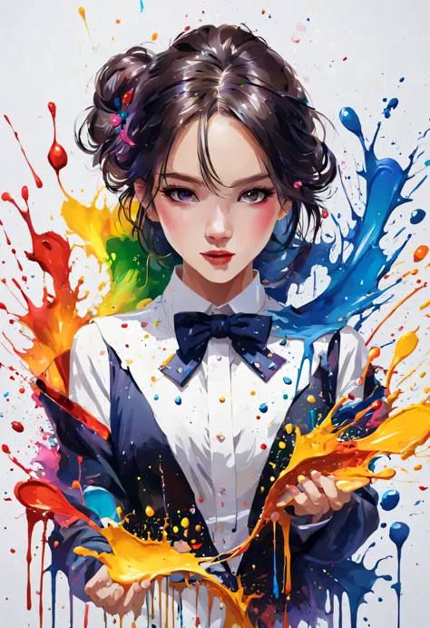 masterpiece, splash art, colorful, colorful splash art, reduce、scattered paint painting, magician, beautiful girl