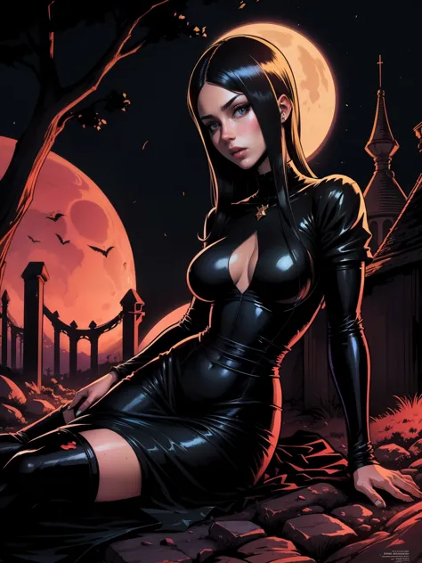 (((COMIC STYLE, CARTOON ART))).  A hot vampire girl, woman in medieval black dress, HOT BODY, on cemitery under the moonlight., covered in blood. Full growth in the frame. higly detailed.
