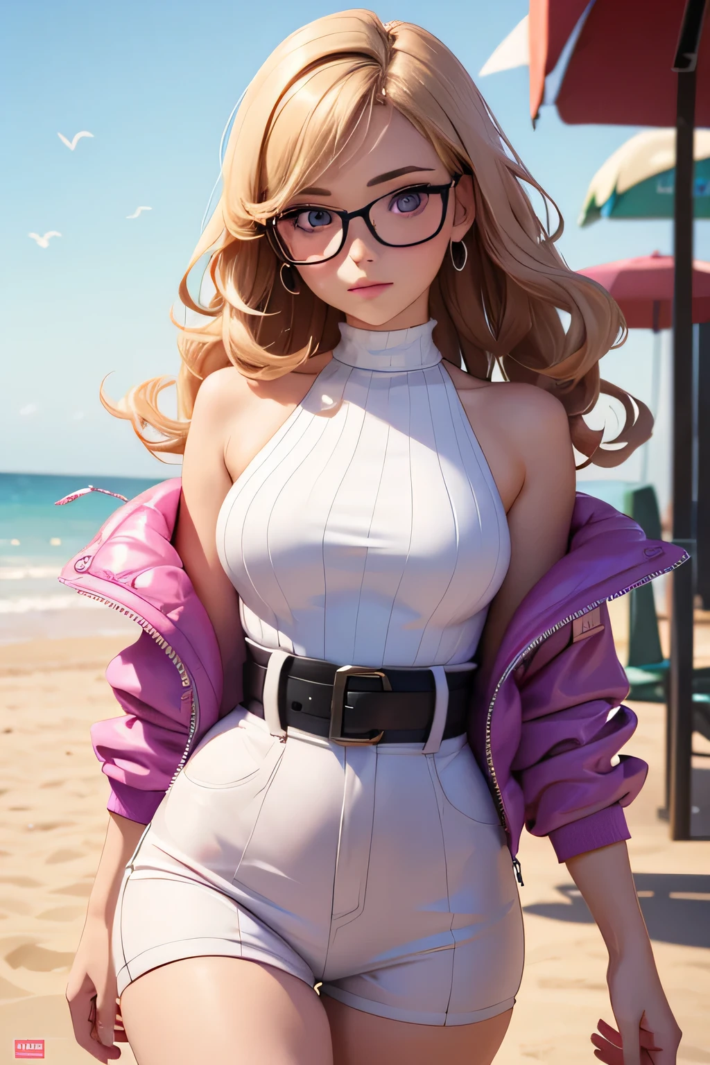 (masterpiece, professional photo:1.1), (8k, high resolution), single, solo women, European, (straight messy hair (dark blonde)), sexy curve, beautiful face, ultra detail eyes, (glasses:1.1), small breast, (high waist short pink:1.2), (purple high neck:1.2), sexy goddess, street, old beach side build, high quality image