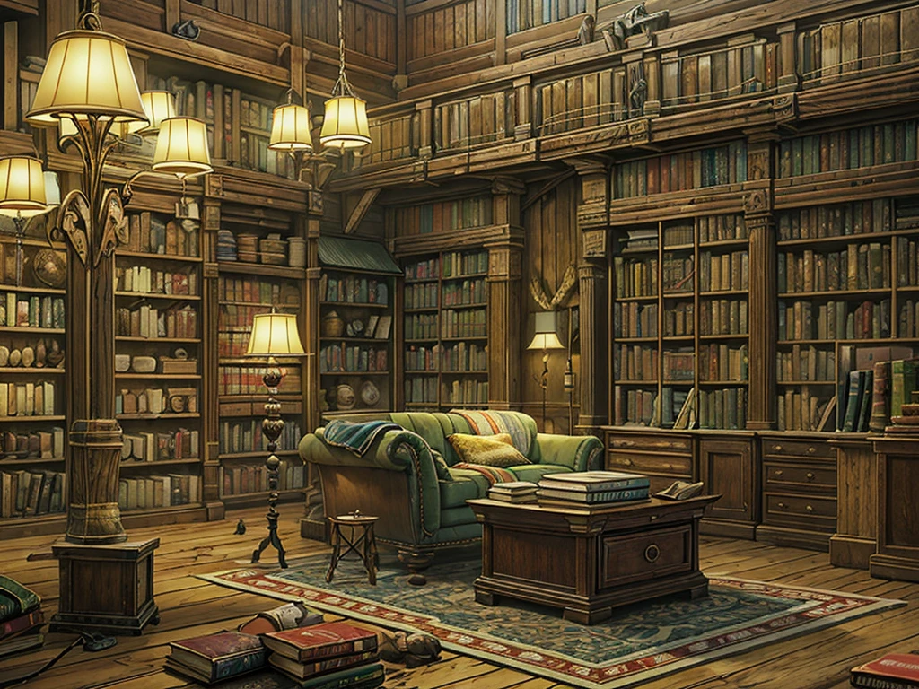 （（（masterpiece、Highest image quality、highest quality、highly detailed unity 8ｋwallpaper）））、（（（fantasy、grand library）））、（Large amount of books、Lined bookshelves、stage、３Storey）、high ceilings、dimly lit room、A messy floor with piles of books