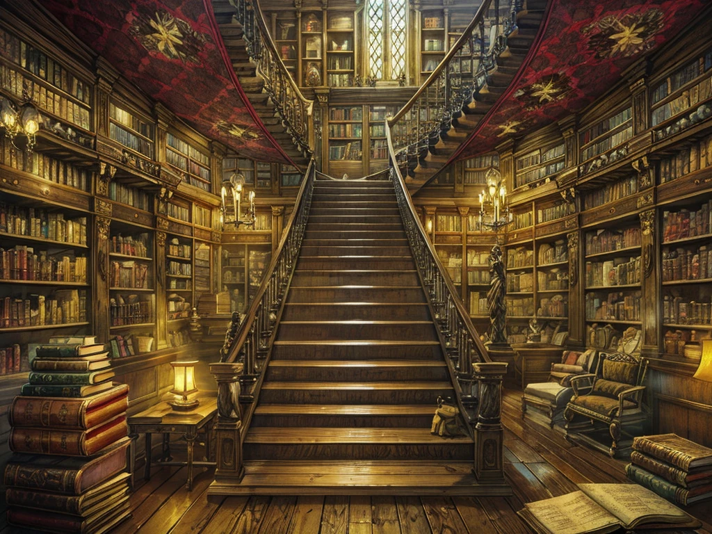 （（（masterpiece、Highest image quality、highest quality、highly detailed unity 8ｋwallpaper）））、（（（fantasy、grand library、Castle library）））、（Large amount of books、Lined bookshelves、large staircase、３Storey）、high ceilings、dimly lit room、A messy floor with piles of books