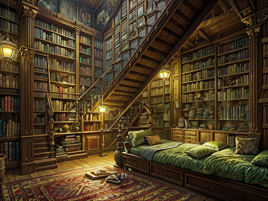 （（（masterpiece、Highest image quality、highest quality、highly detailed unity 8ｋwallpaper）））、（（（fantasy、grand library、Castle library）））、（Large amount of books、Lined bookshelves、large staircase、３Storey）、high ceilings、dimly lit room、A messy floor with piles of books